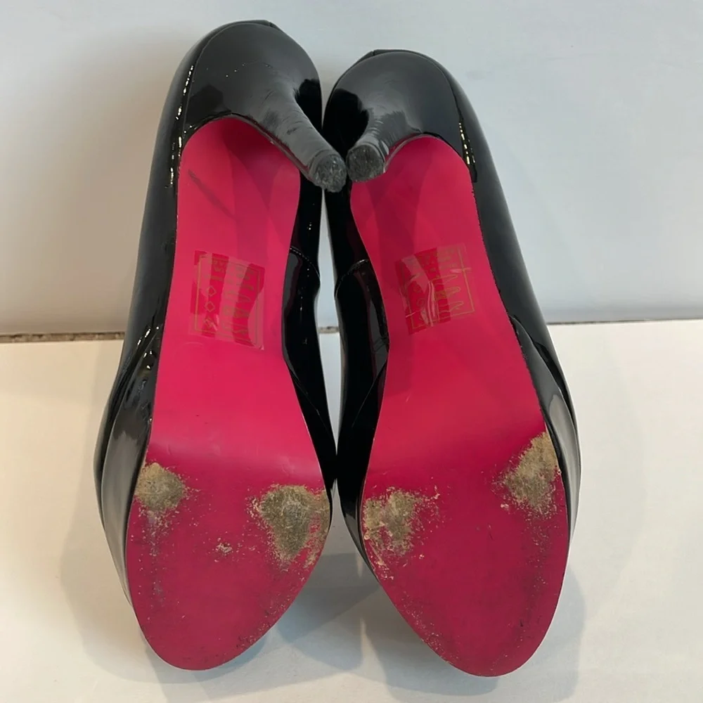 Signature Sole Black Patent Pink Bottom‎ Platform Heels 7.5